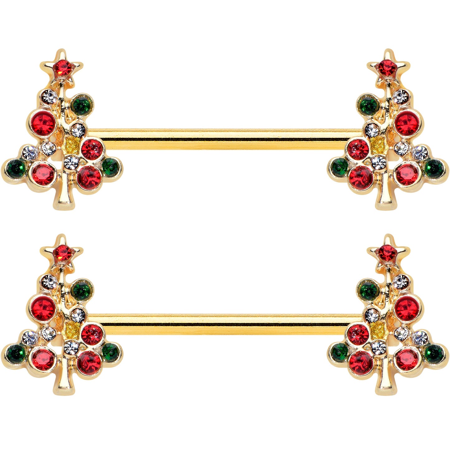 14 Gauge 9/16 Red Gem Gold Tone Christmas Tree Nipple Ring Set