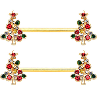 14 Gauge 9/16 Red Gem Gold Tone Christmas Tree Nipple Ring Set