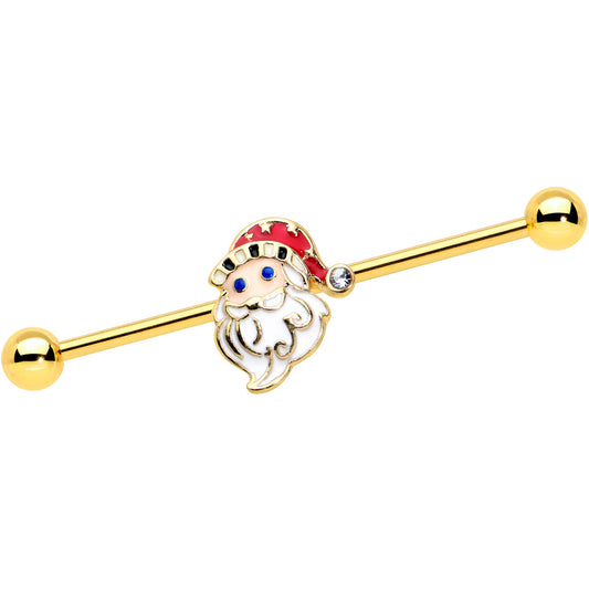 14 Gauge Gold Tone Blue Eyed Santa Christmas Industrial Barbell 38mm