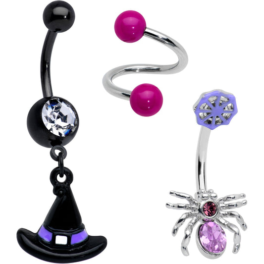 Purple Gem Black Witch Spider Spiral Halloween Belly Ring Set of 3