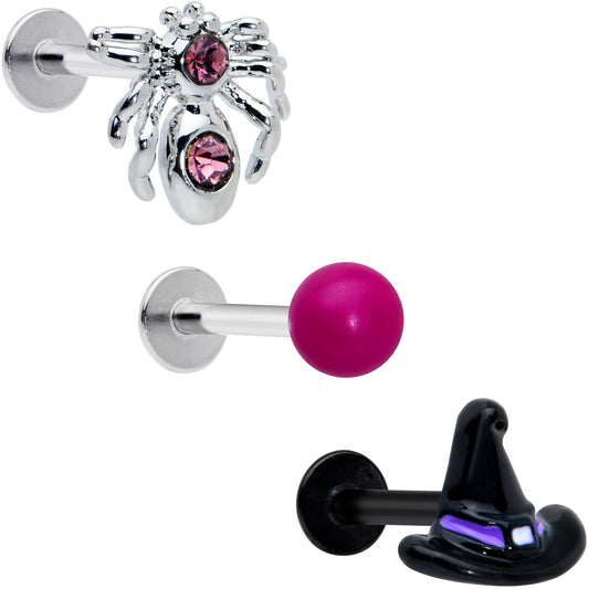 16 Gauge 5/16 Pink Gem Spider Witch Halloween Labret Tragus Set of 3