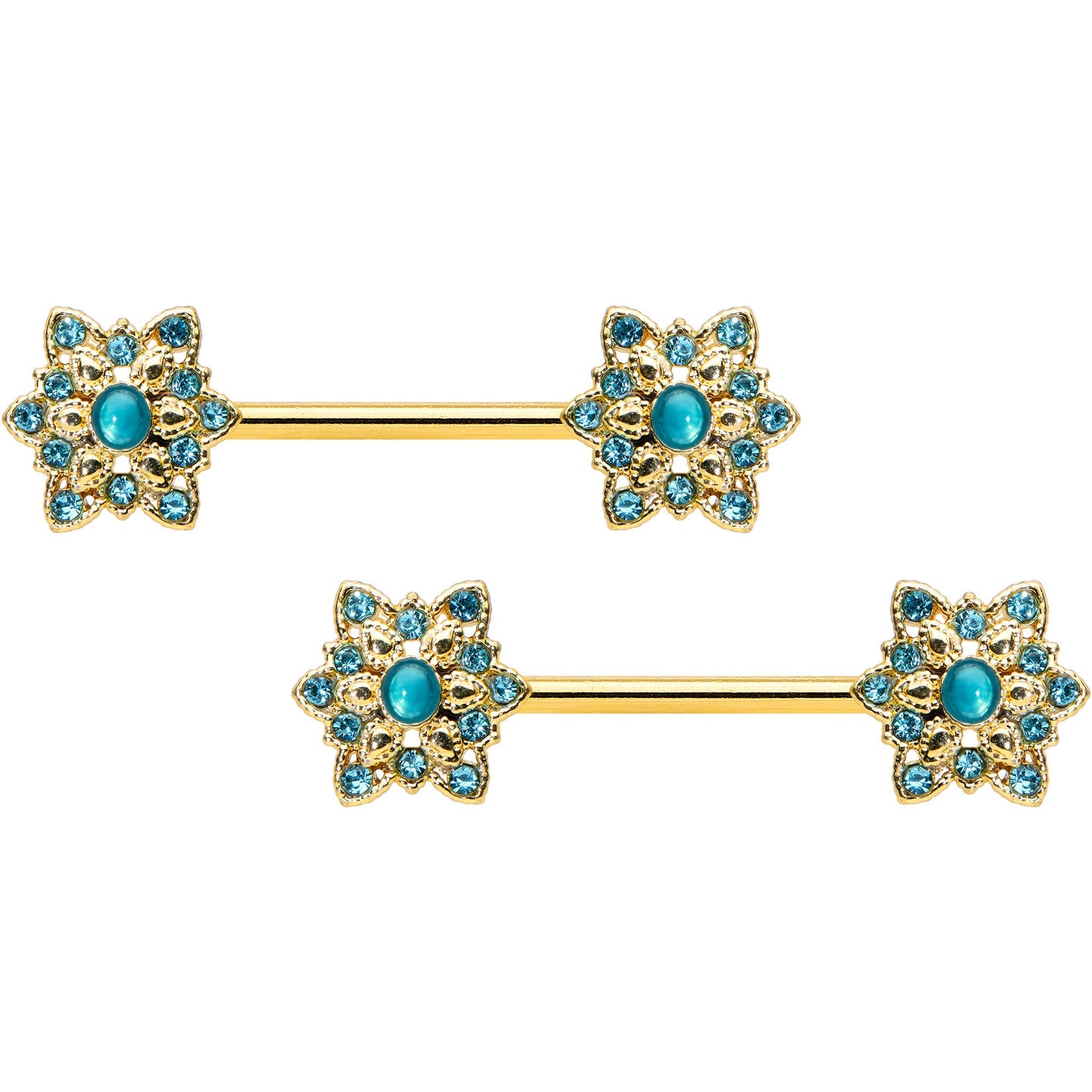 14 Gauge 9/16 Aqua Gem Gold Tone Snowflake Christmas Nipple Ring Set