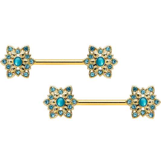 14 Gauge 9/16 Aqua Gem Gold Tone Snowflake Christmas Nipple Ring Set