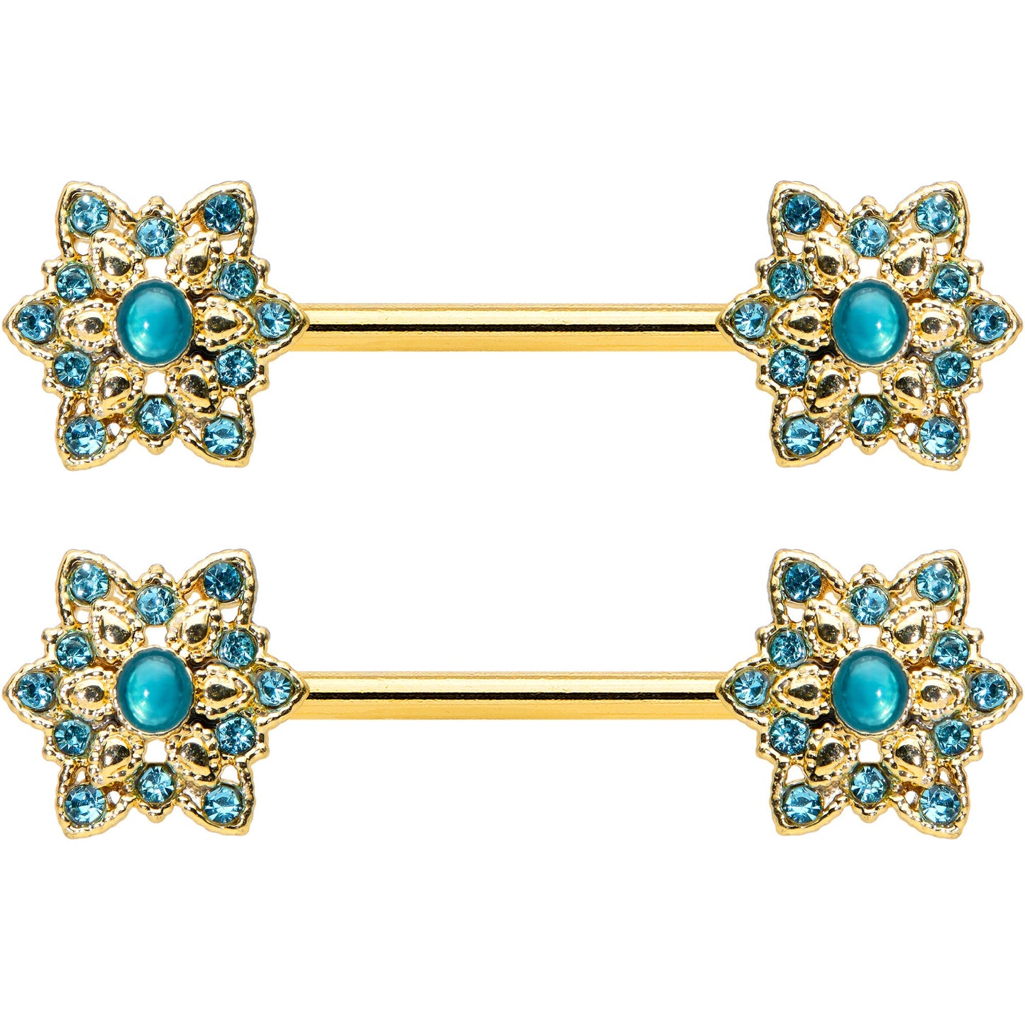 14 Gauge 9/16 Aqua Gem Gold Tone Snowflake Christmas Nipple Ring Set