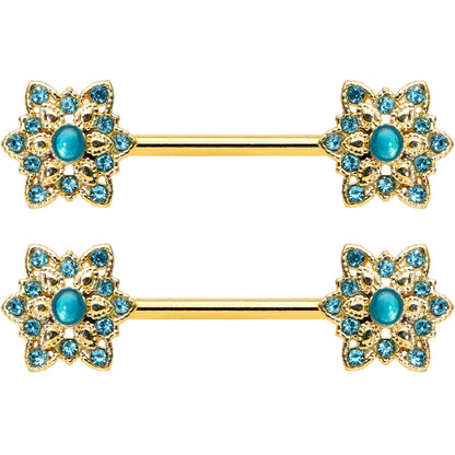 14 Gauge 9/16 Aqua Gem Gold Tone Snowflake Christmas Nipple Ring Set