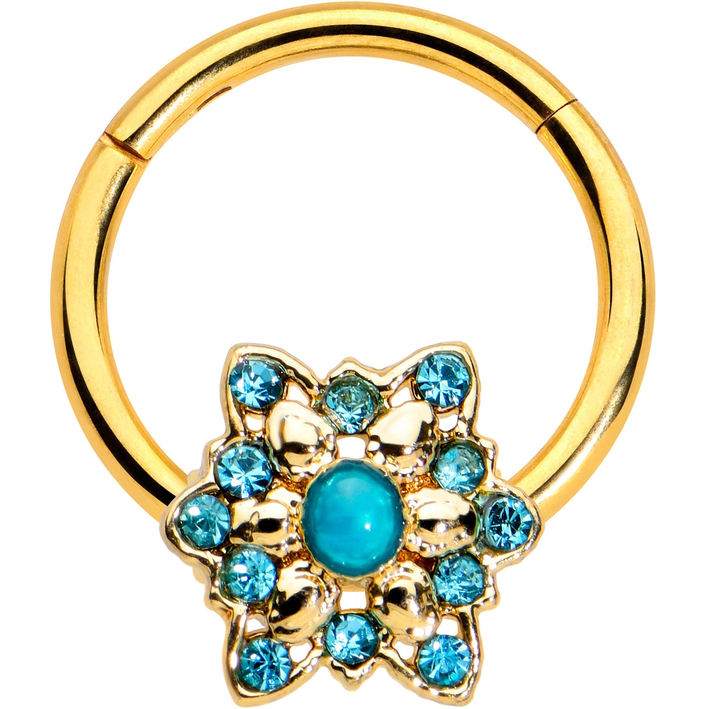 16 Gauge 3/8 Aqua Gem Gold Tone Snowflake Christmas Hinged Segment Ring