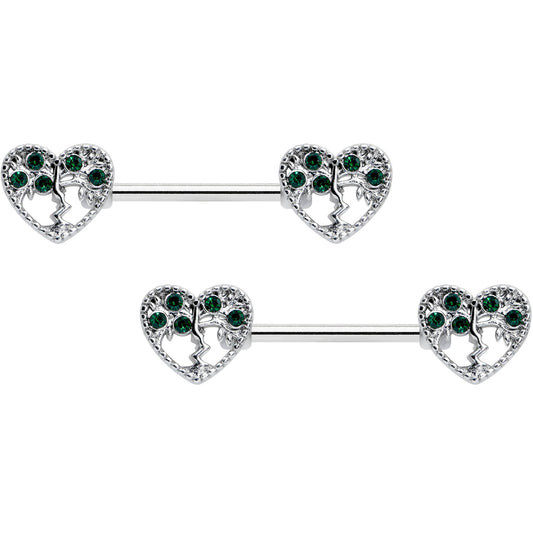 14 Gauge 9/16 Green Gem Heart Tree Valentine Nipple Ring Set