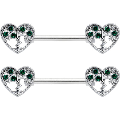 14 Gauge 9/16 Green Gem Heart Tree Valentine Nipple Ring Set