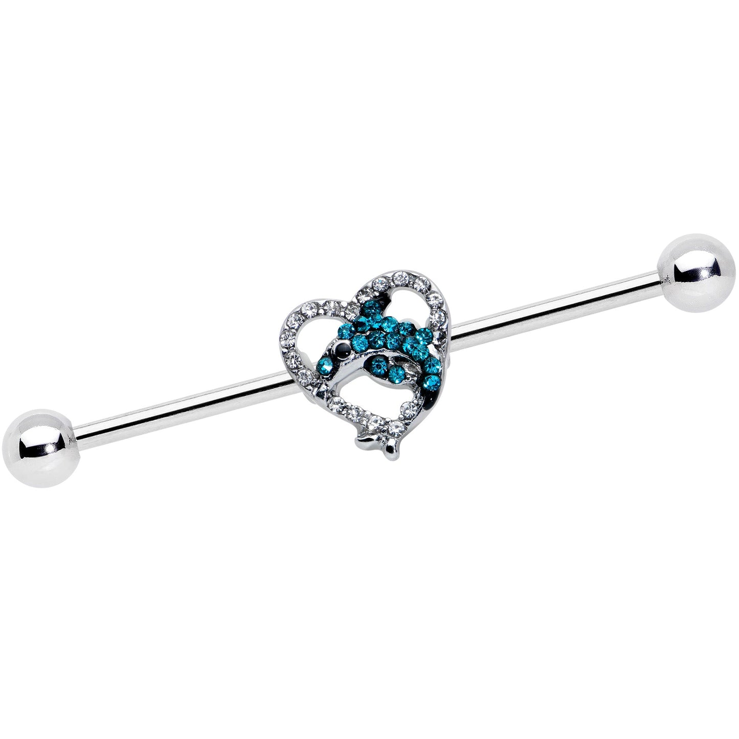 14 Gauge Clear Blue Gem Dolphin Heart Industrial Barbell 38mm