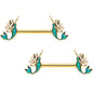 14 Gauge 9/16 Green Faux Opal Gold Tone Curvy Mermaid Nipple Ring Set