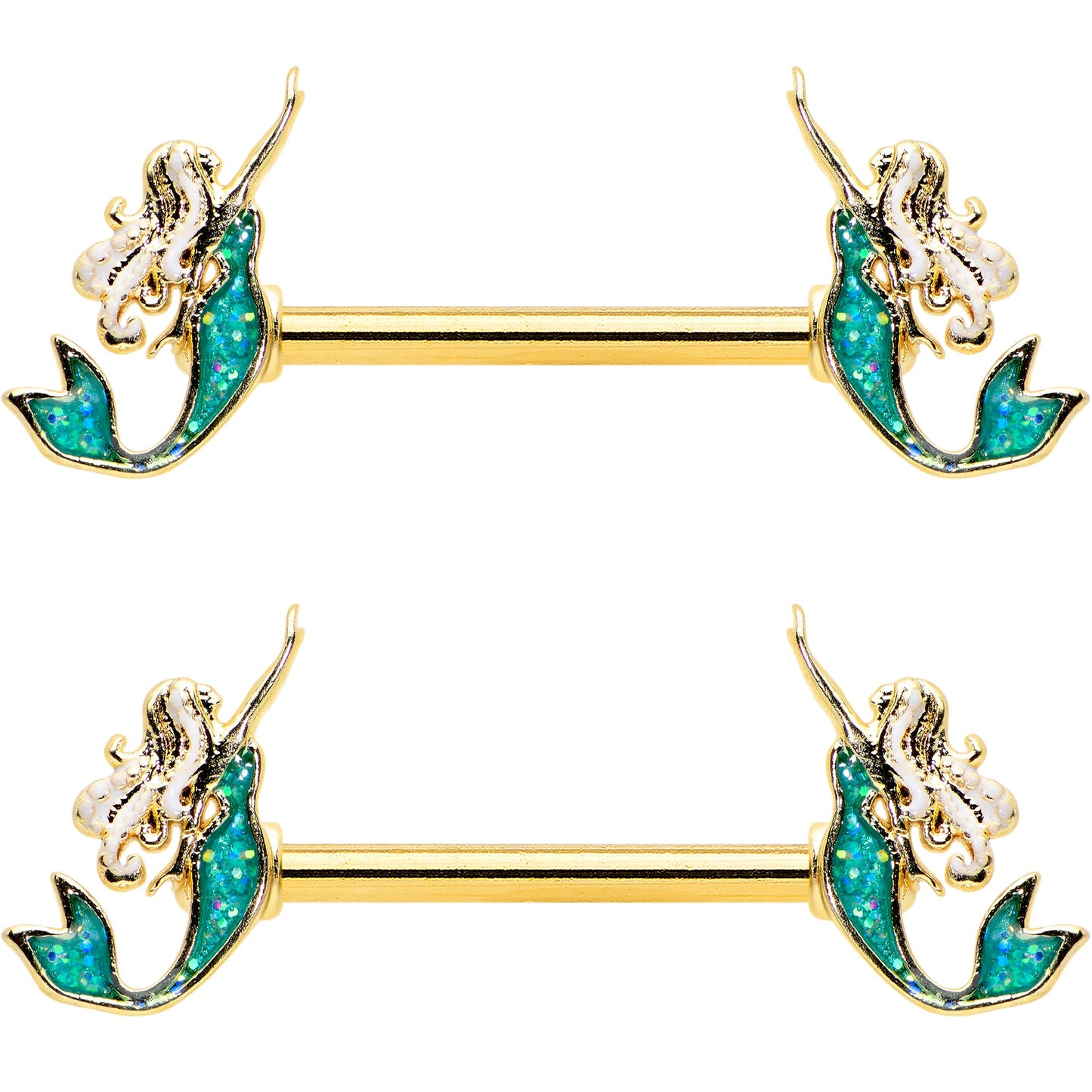 14 Gauge 9/16 Green Faux Opal Gold Tone Curvy Mermaid Nipple Ring Set