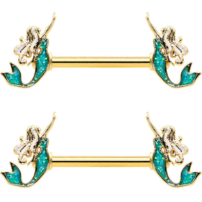 14 Gauge 9/16 Green Faux Opal Gold Tone Curvy Mermaid Nipple Ring Set