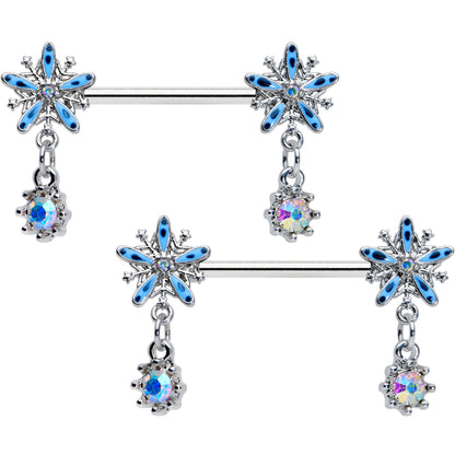 14 Gauge 9/16 Aurora Gem Snowflake Blues Christmas Nipple Ring Set