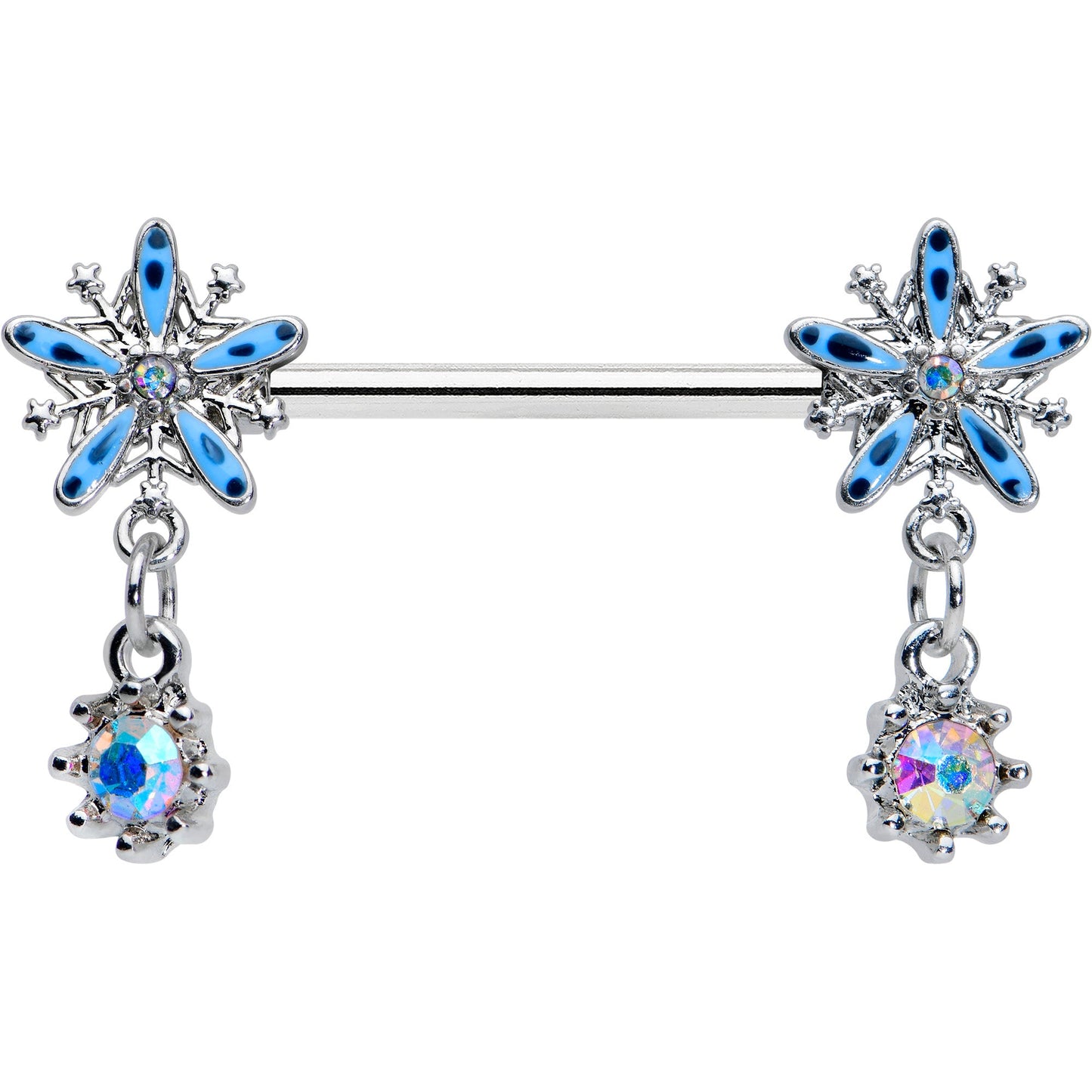 14 Gauge 9/16 Aurora Gem Snowflake Blues Christmas Nipple Ring Set