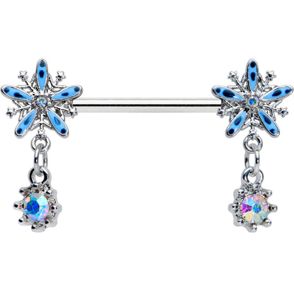 14 Gauge 9/16 Aurora Gem Snowflake Blues Christmas Nipple Ring Set