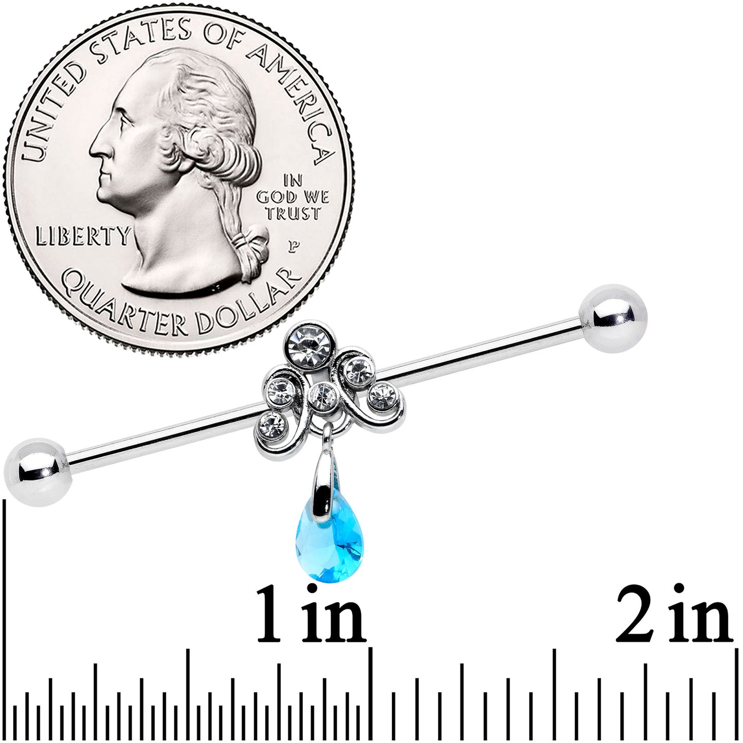 14 Gauge Blue Gem Scrolling Elegance Dangle Industrial Barbell 38mm