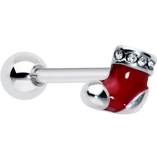 Clear CZ Gem Festive Red Stocking Christmas Barbell Tongue Ring