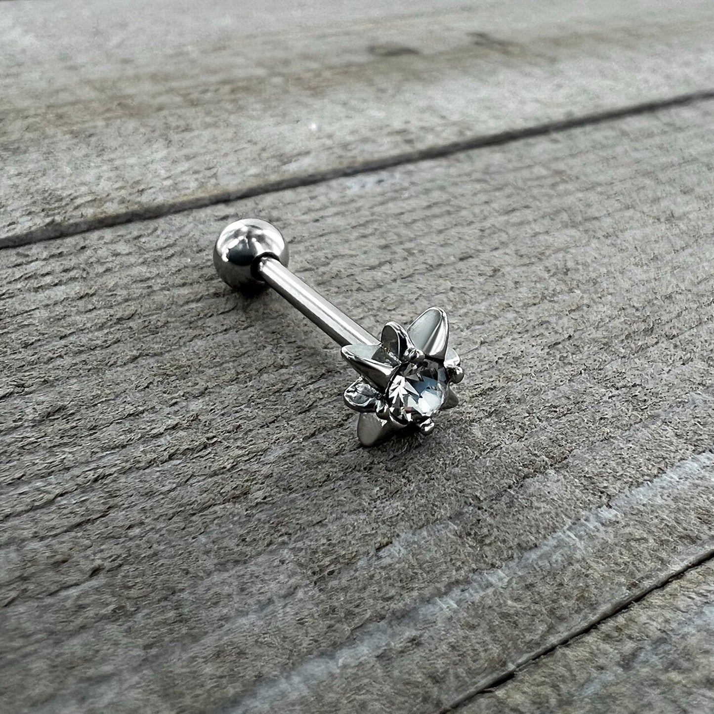 Clear CZ Gem Evening Star Barbell Tongue Ring