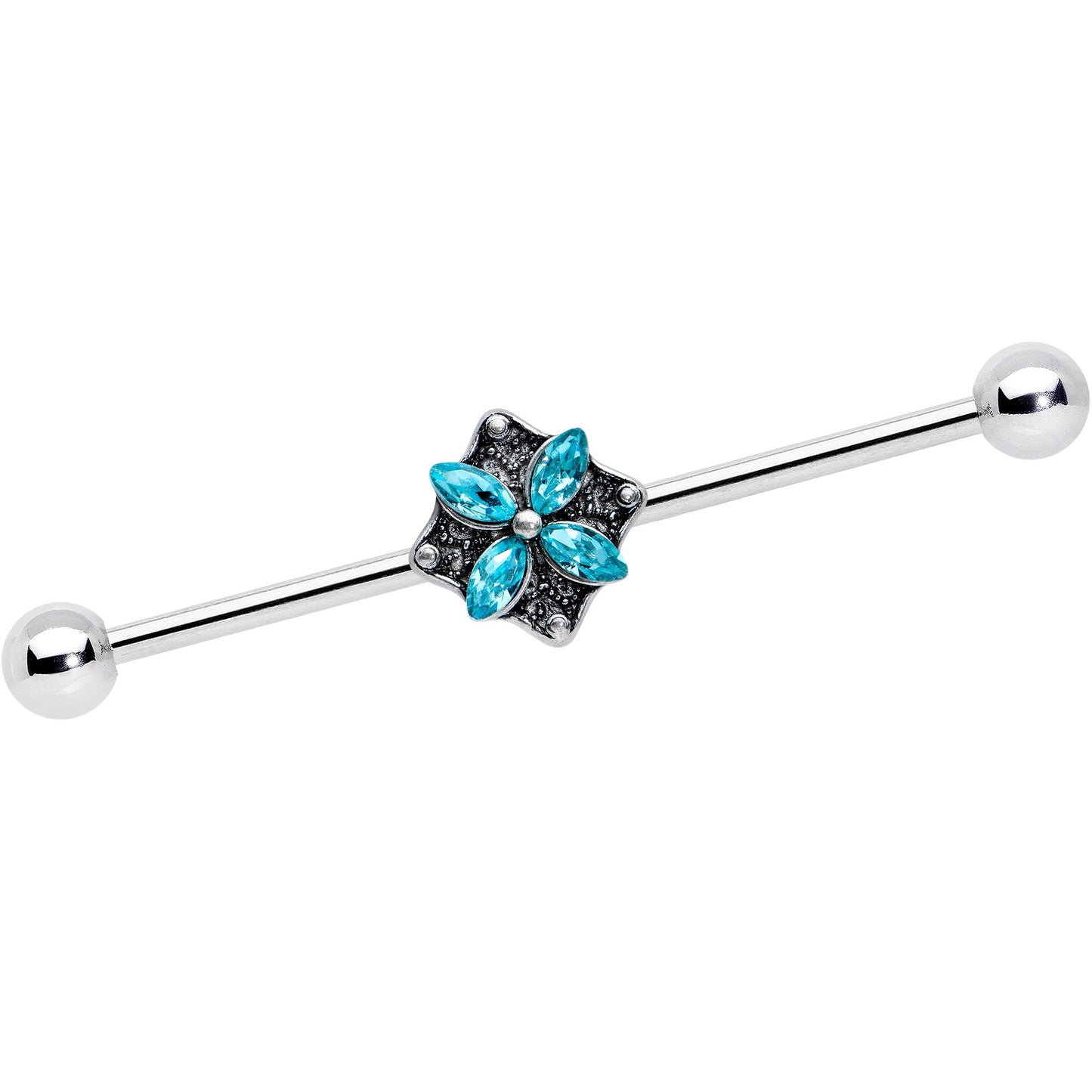 14 Gauge Blue Gem Rhombus Flower Industrial Barbell 38mm