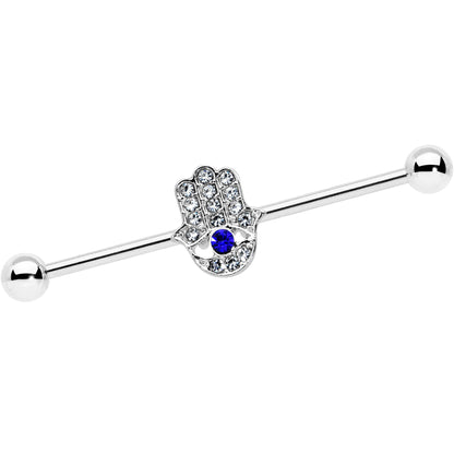 14 Gauge Clear Blue Gem Hamsa Hand Eye Industrial Barbell 38mm