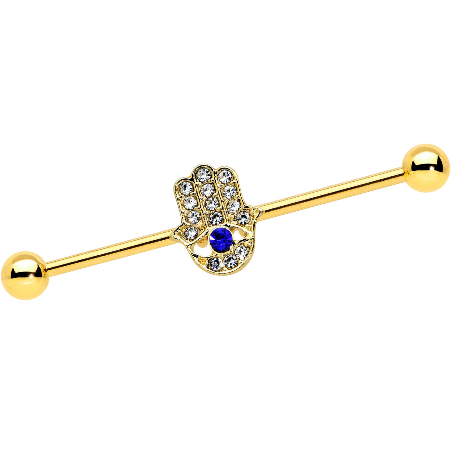 14 Gauge Blue Gem Gold Tone Hamsa Hand Eye Industrial Barbell 38mm