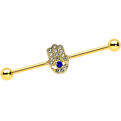 14 Gauge Blue Gem Gold Tone Hamsa Hand Eye Industrial Barbell 38mm