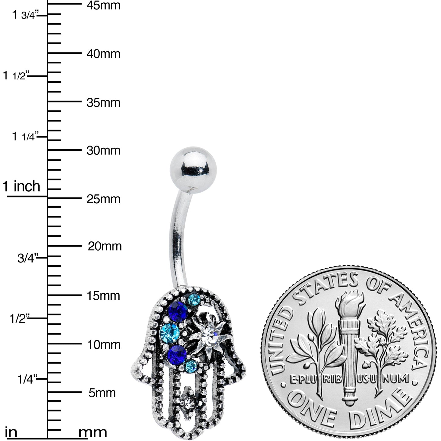 Clear Blue Gem Textured Hamsa Hand Belly Ring