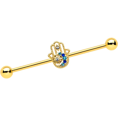 14 Gauge Blue Gem Gold Tone Texture Hamsa Hand Industrial Barbell 38mm