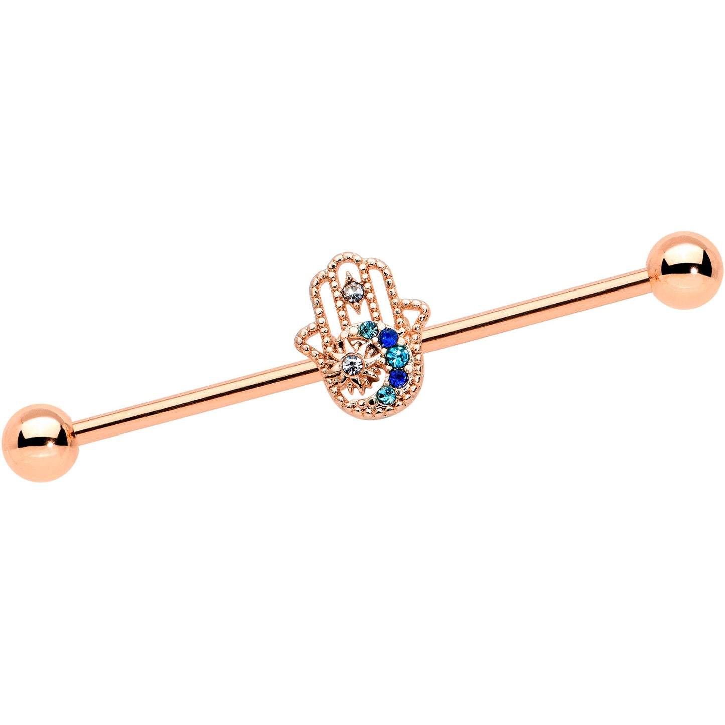 14 Gauge Blue Gem Rose Gold Hue Texture Hamsa Industrial Barbell 38mm