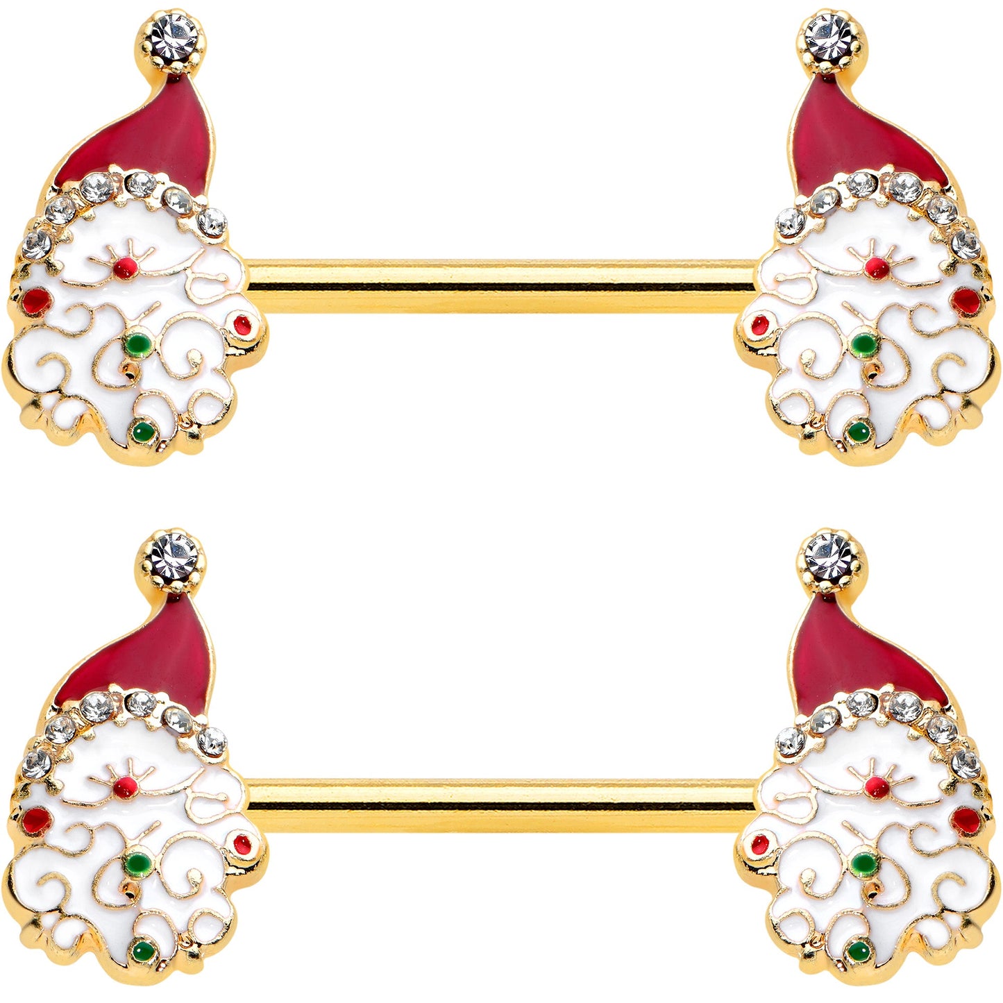 14 Gauge 1/2 Clear Gem Gold Tone Decorated Santa Barbell Nipple Ring Set