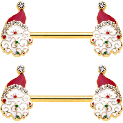 14 Gauge 1/2 Clear Gem Gold Tone Decorated Santa Barbell Nipple Ring Set