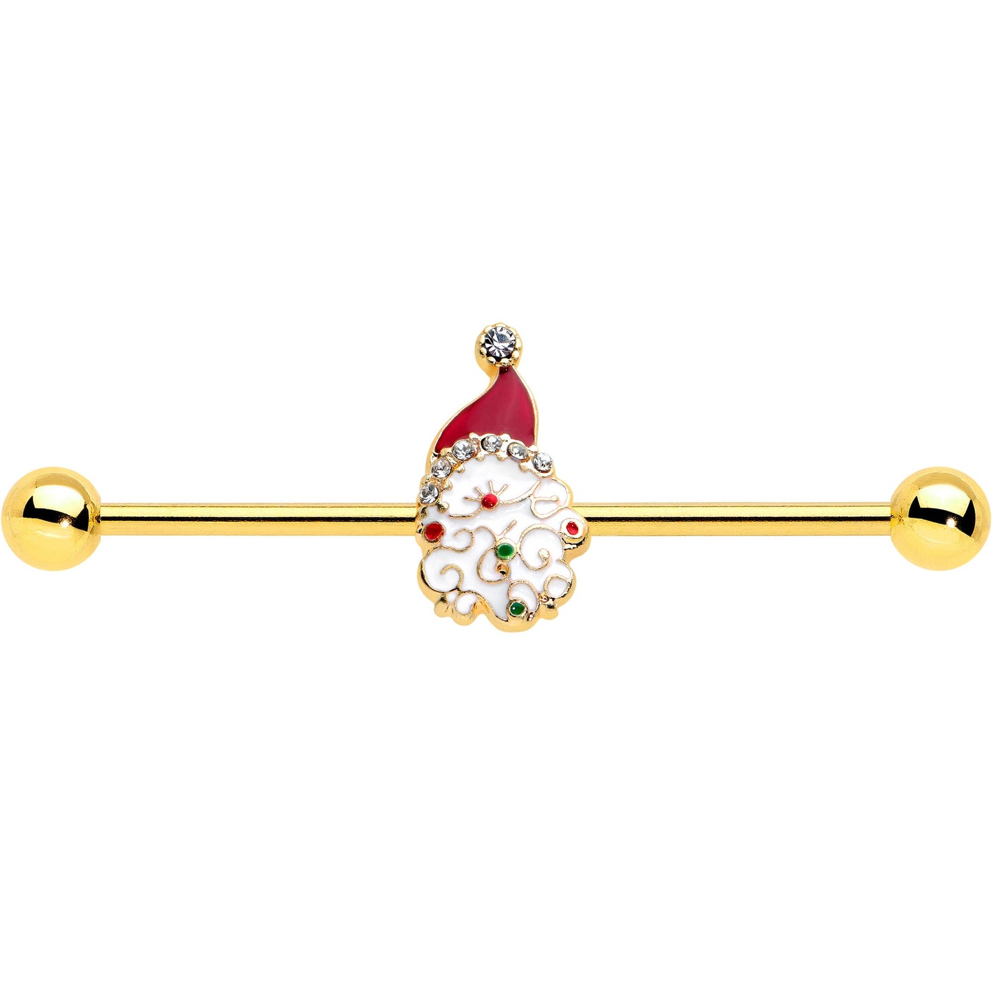 14 Gauge Clear Gem Gold Tone Decorated Santa Holiday Industrial Barbell 38mm