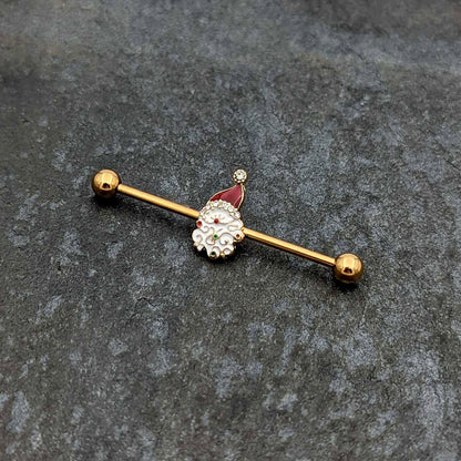 14 Gauge Clear Gem Gold Tone Decorated Santa Holiday Industrial Barbell 38mm