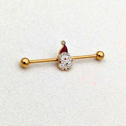 14 Gauge Clear Gem Gold Tone Decorated Santa Holiday Industrial Barbell 38mm