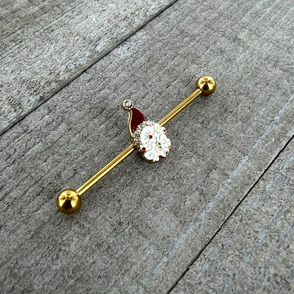 14 Gauge Clear Gem Gold Tone Decorated Santa Holiday Industrial Barbell 38mm