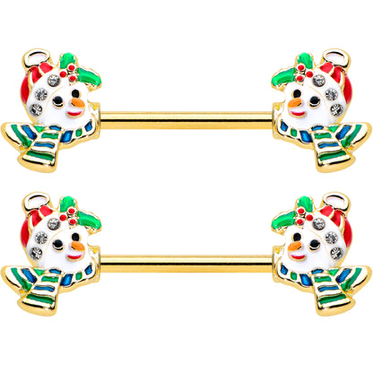 14 Gauge 9/16 Clear Gem Gold Tone Snowman Christmas Nipple Ring Set