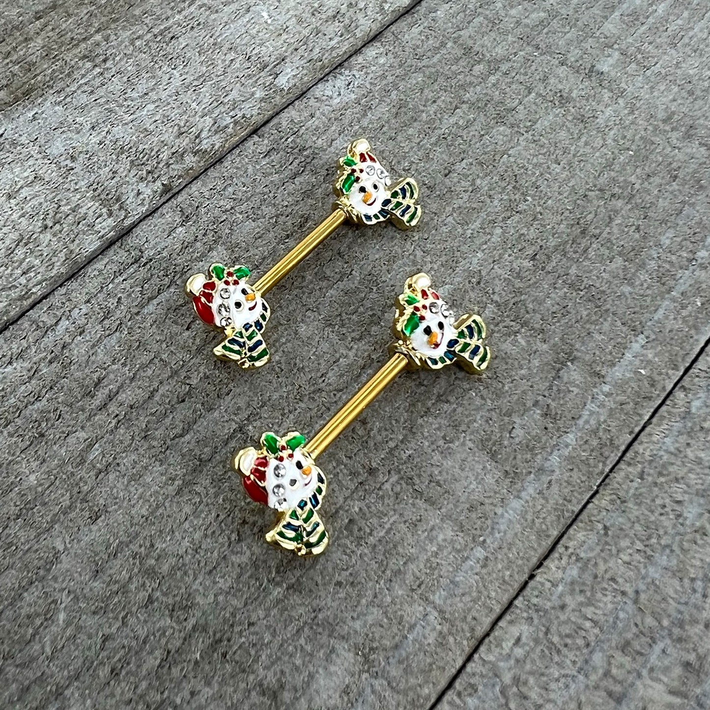 14 Gauge 9/16 Clear Gem Gold Tone Snowman Christmas Nipple Ring Set