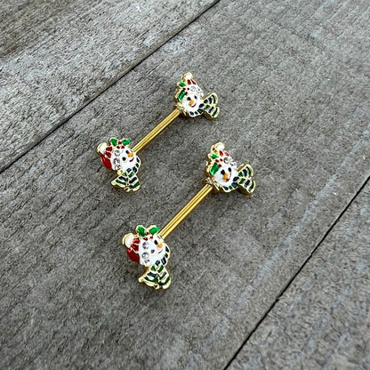 14 Gauge 9/16 Clear Gem Gold Tone Snowman Christmas Nipple Ring Set