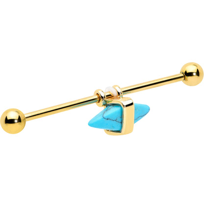 14 Gauge Blue Faux Turquoise Gold Tone Stone Hippie Industrial Barbell 38mm