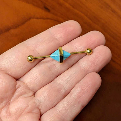 14 Gauge Blue Faux Turquoise Gold Tone Stone Hippie Industrial Barbell 38mm