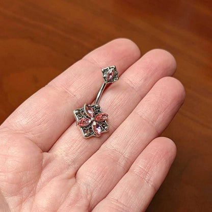 Pink Gem Baroque Rhombus Flower Double Mount Belly Ring