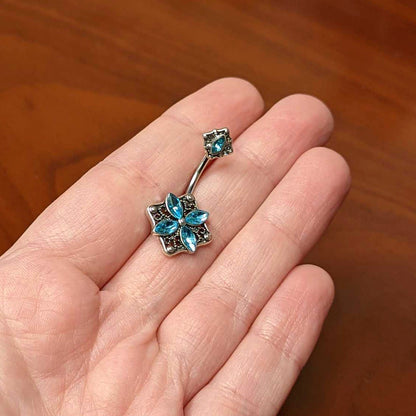 Blue Gem Baroque Rhombus Flower Double Mount Belly Ring