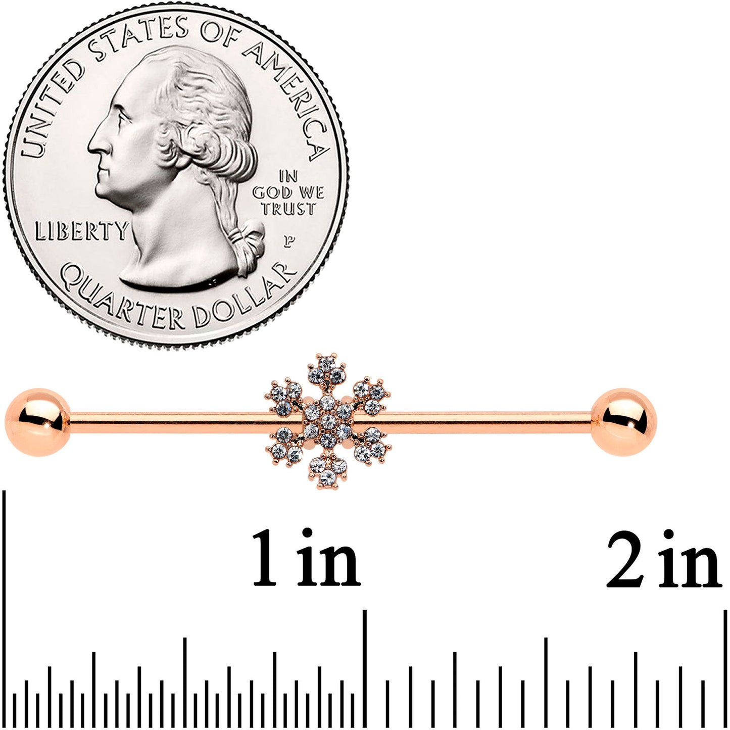 14 Gauge Rose Gold Hue Snowflake Christmas Industrial Barbell 38mm