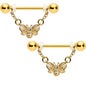 14 Gauge 5/8 Clear Gem Gold Tone Chain Dangle Barbell Nipple Ring Set