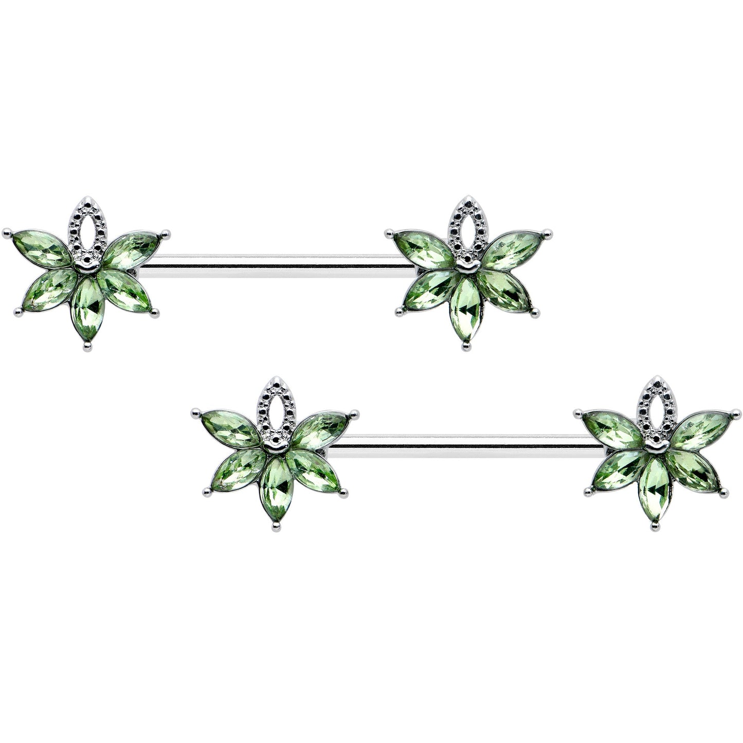 14 Gauge 9/16 Green Gem Texture Loopy Pot Leaf Barbell Nipple Ring Set