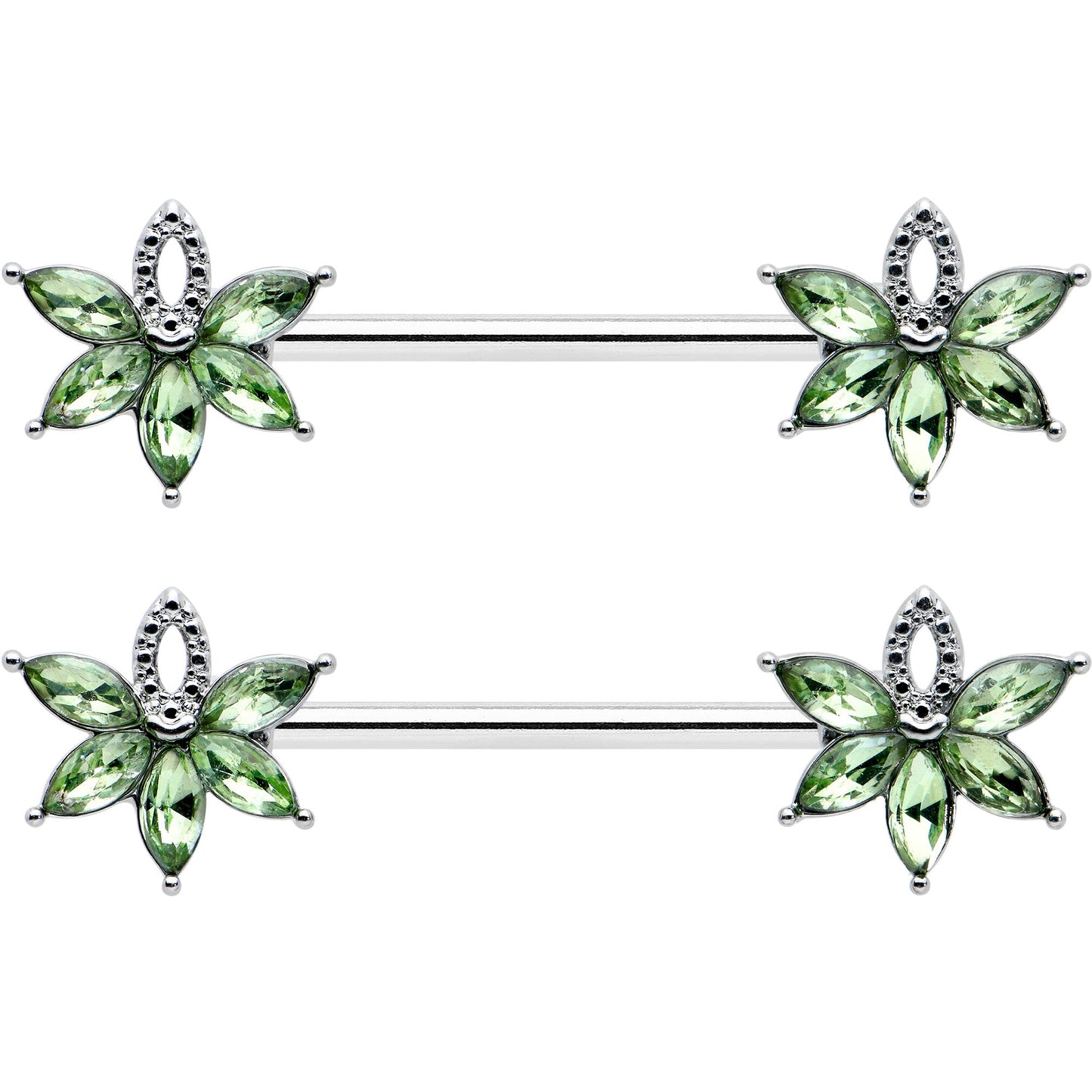 14 Gauge 9/16 Green Gem Texture Loopy Pot Leaf Barbell Nipple Ring Set