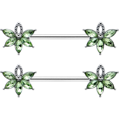 14 Gauge 9/16 Green Gem Texture Loopy Pot Leaf Barbell Nipple Ring Set