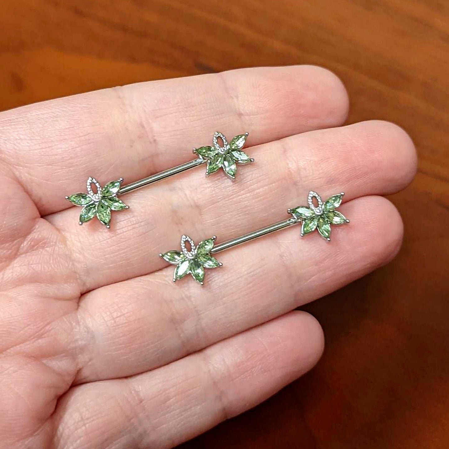 14 Gauge 9/16 Green Gem Texture Loopy Pot Leaf Barbell Nipple Ring Set