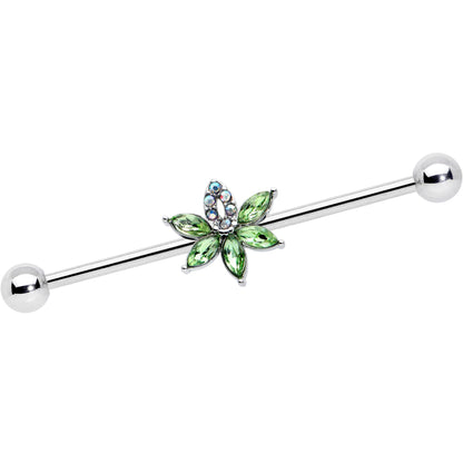 14 Gauge Aurora Green Gem Pot Leaf Industrial Barbell 38mm