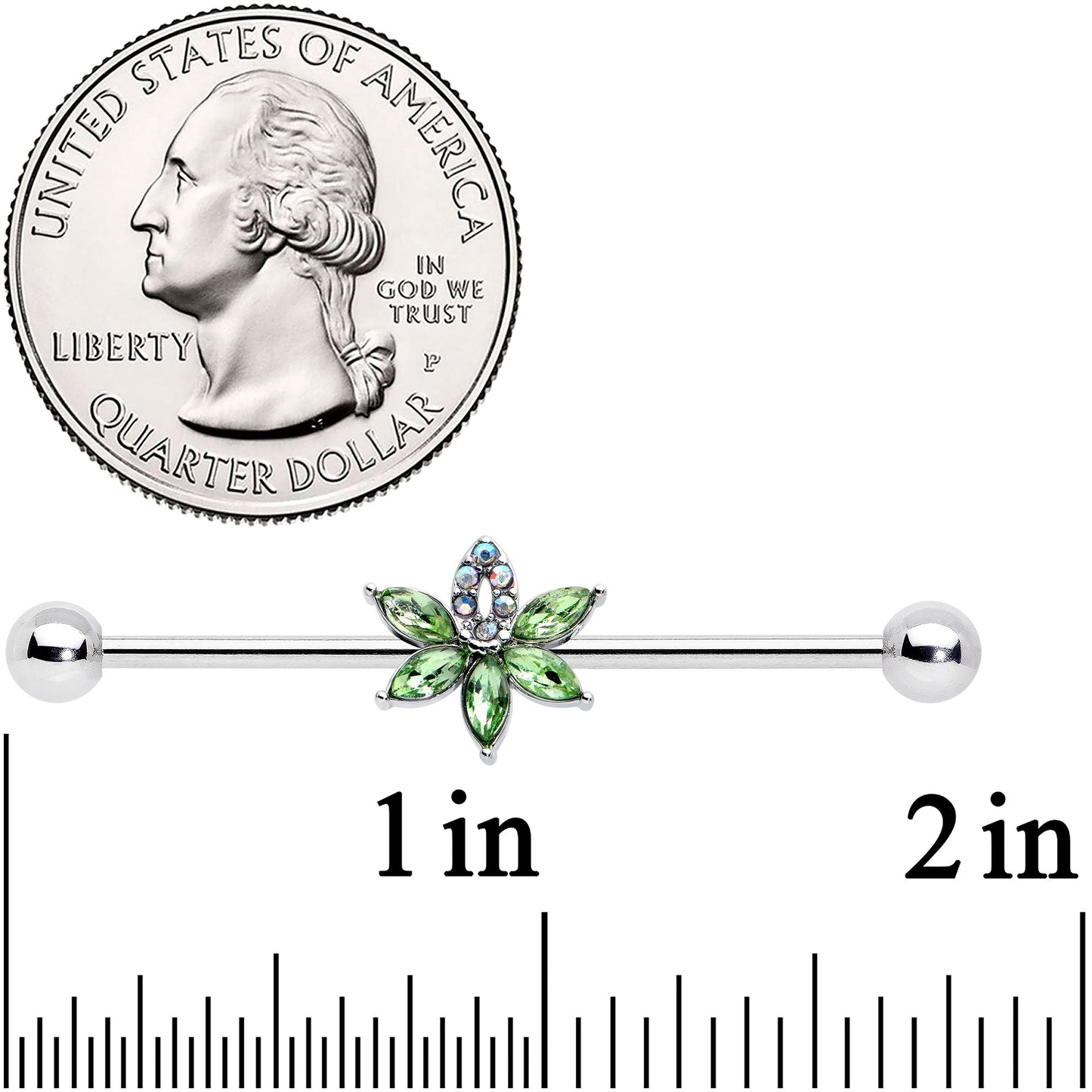 14 Gauge Aurora Green Gem Pot Leaf Industrial Barbell 38mm